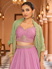 Pink Tissue Silk Fabric Sequins embroidery Semi Stitched Lehenga & Unstitched Blouse With Dupatta