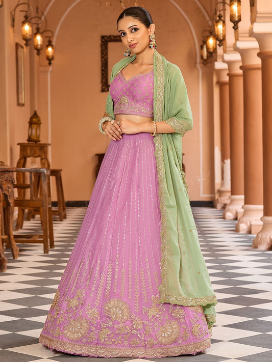 Pink Tissue Silk Fabric Sequins embroidery Semi Stitched Lehenga & Unstitched Blouse With Dupatta