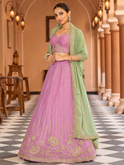 Pink Tissue Silk Fabric Sequins embroidery Semi Stitched Lehenga & Unstitched Blouse With Dupatta