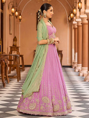 Pink Tissue Silk Fabric Sequins embroidery Semi Stitched Lehenga & Unstitched Blouse With Dupatta