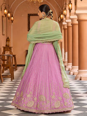 Pink Tissue Silk Fabric Sequins embroidery Semi Stitched Lehenga & Unstitched Blouse With Dupatta