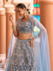 Teal Net Fabric Sequins embroidery Semi Stitched Lehenga & Unstitched Blouse With Dupatta