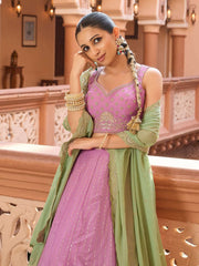 Pink Tissue Silk Fabric Sequins embroidery Semi Stitched Lehenga & Unstitched Blouse With Dupatta