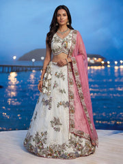 Women's Cream Tissue Woolen Embroidered Lehenga Choli with Dupatta