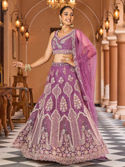 Lavender Net Fabric Sequins embroidery Semi Stitched Lehenga & Unstitched Blouse With Dupatta