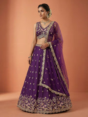 Women's Magenta Chinnon Silk Motif with Sequince Embroidered Lehenga Choli with Dupatta