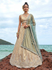 Women's Cream Tissue Beads with zari Embroidered Lehenga Choli with Dupatta