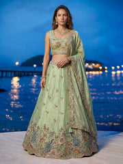 Women's Limegreen Organza Zarkan, Multi-Color Thread, Golden Sequin Embroidered Lehenga Choli with Dupatta