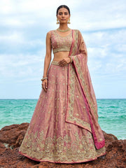 Women's Rose Gold Tissue Moti with Embroidered Lehenga Choli with Dupatta