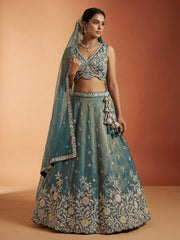 Women's Shade of Teal Tissue Moti with Embroidered Lehenga Choli with Dupatta