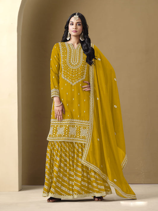 Mustard Embroidered Art Silk Gharara Style Suit