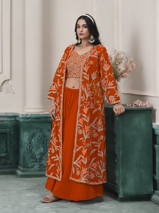 Orange Embroidered Jacket Style Sharara Suit