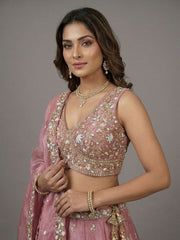 Women's Pink Tissue Beads with Embroidered Lehenga Choli with Dupatta