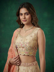 Women's Beige Tissue Zarkan Embroidered Lehenga Choli with Dupatta