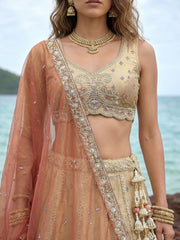 Women's Cream Tissue Beads with zari Embroidered Lehenga Choli with Dupatta