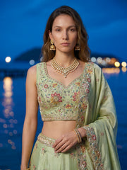 Women's Limegreen Organza Zarkan, Multi-Color Thread, Golden Sequin Embroidered Lehenga Choli with Dupatta