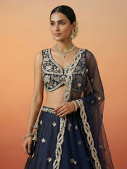 Women's Dark Blue Tissue Beads with Embroidered Lehenga Choli with Dupatta