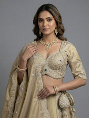 Women's Golden Silk Tissue Beads with Embroidered Lehenga Choli with Dupatta