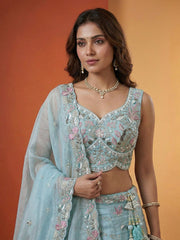 Women's Sky Organza Swarovski stones Embroidered Lehenga Choli with Dupatta