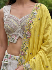 Women's Grey and Mustard Chiffon Beads with Embroidered Lehenga Choli with Dupatta