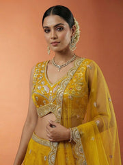 Women's Mustard Chinnon Silk Motif with Sequince Embroidered Lehenga Choli with Dupatta