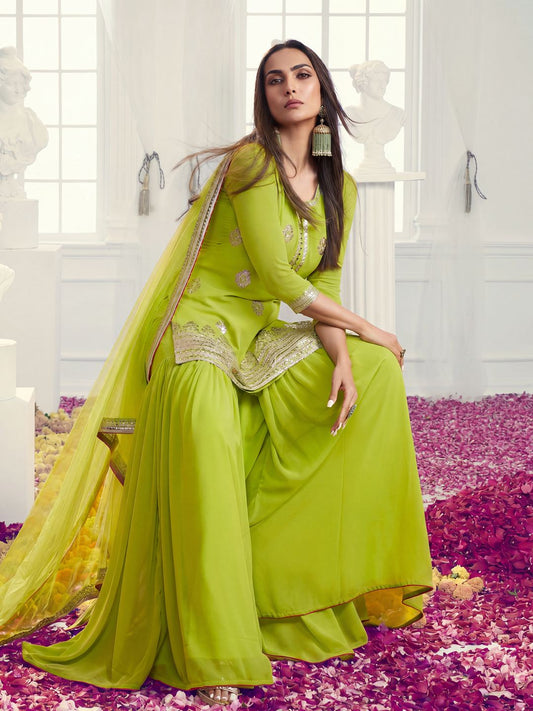 Floral Embroidered Notch Neck Georgette Straight Kurta With Sharara & Dupatta