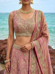Women's Rose Gold Tissue Moti with Embroidered Lehenga Choli with Dupatta