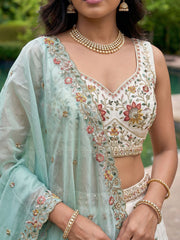 Women's Cream-Blue Organza Zarkan, Multi-Color Thread, Golden Sequin Embroidered Lehenga Choli with Dupatta