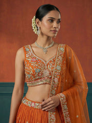Women's Orange Georgette Sequince Embroidered Lehenga Choli with Dupatta