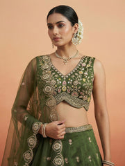 Women's Olive Chinnon Moti with Sequince Embroidered Lehenga Choli with Dupatta