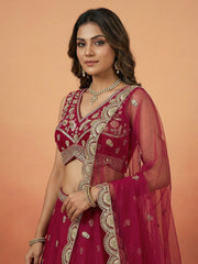 Women's Pink Chinnon Silk Motif with Sequince Embroidered Lehenga Choli with Dupatta