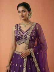 Women's Magenta Chinnon Silk Motif with Sequince Embroidered Lehenga Choli with Dupatta