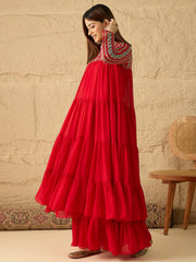 Embroidered Keyhole Neck Fit and Flare Ethnic Dresses