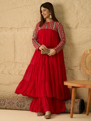 Embroidered Keyhole Neck Fit and Flare Ethnic Dresses