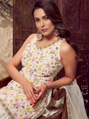 White Floral Multi Thread and Sequines Embroidered Kurta Set