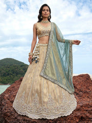 Women's Cream Tissue Beads with zari Embroidered Lehenga Choli with Dupatta