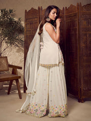 White Floral Multi Thread and Sequines Embroidered Kurta Set