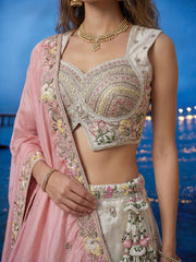 Women's White and Pink Chiffon Beads with Embroidered Lehenga Choli with Dupatta