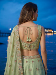 Women's Limegreen Organza Zarkan, Multi-Color Thread, Golden Sequin Embroidered Lehenga Choli with Dupatta