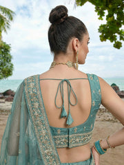Women's Turquoise Chiffon Beads with Embroidered Lehenga Choli with Dupatta