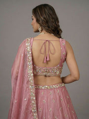 Women's Pink Tissue Beads with Embroidered Lehenga Choli with Dupatta