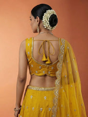 Women's Mustard Chinnon Silk Motif with Sequince Embroidered Lehenga Choli with Dupatta