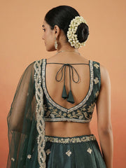 Women's Dark Green Tissue Beads with Embroidered Lehenga Choli with Dupatta