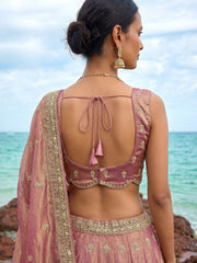 Women's Rose Gold Tissue Moti with Embroidered Lehenga Choli with Dupatta