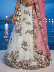 Women's Cream Tissue Woolen Embroidered Lehenga Choli with Dupatta