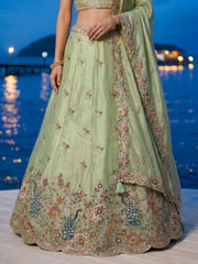 Women's Limegreen Organza Zarkan, Multi-Color Thread, Golden Sequin Embroidered Lehenga Choli with Dupatta