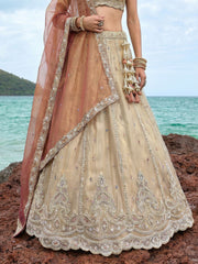 Women's Cream Tissue Beads with zari Embroidered Lehenga Choli with Dupatta