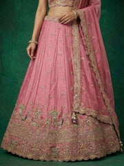 Women's Pink Tissue Zarkan Embroidered Lehenga Choli with Dupatta