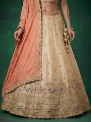 Women's Beige Tissue Zarkan Embroidered Lehenga Choli with Dupatta