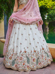 Women's Cream-Pink Organza Zarkan, Multi-Color Thread, Golden Sequin Embroidered Lehenga Choli with Dupatta